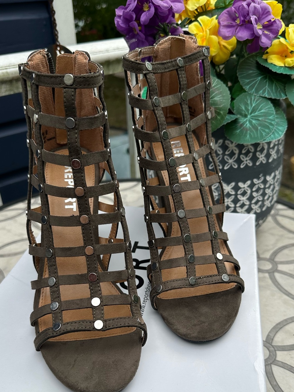 NEW REPORT Olive Gladiator Suede Cage Heeled Sandals with Studs